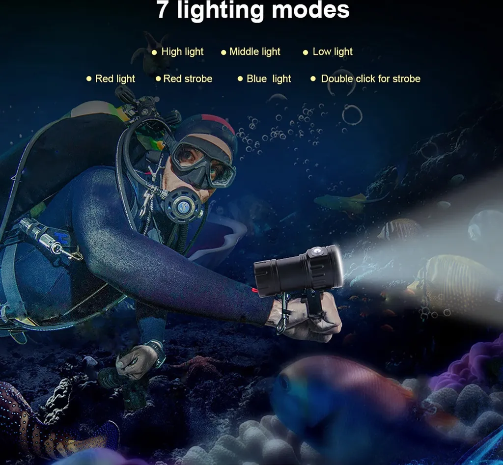 Lampe torche de plongée sous-marine professionnelle IPX8 18000 lumens
