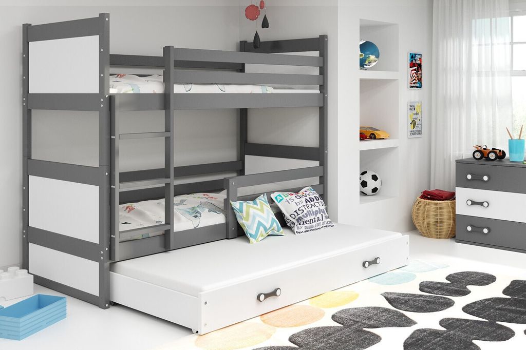 Kinderhochbett mit Zustellbett ohne Matratzen 80x160 FERGUS – Graphit / Weiß