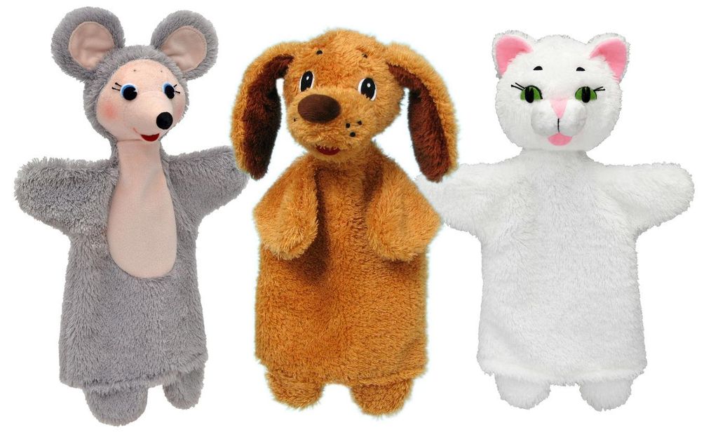 3er Set Handpuppen Maus Hund und Katze 18,5 cm Mehrfarbig, 24703P