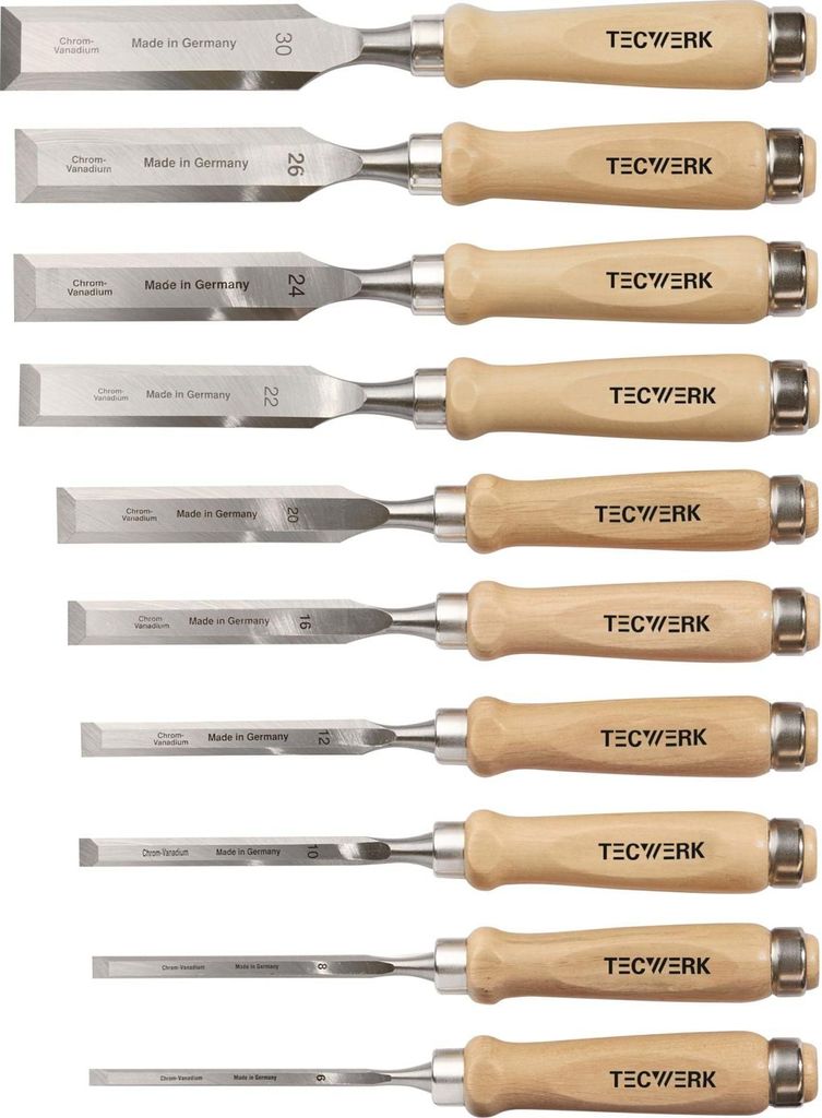 Tecwerk Stechbeitelsatz 6,8,10,12,16,20,22,24,26,30 mm Weißbuchenheft Ulmer Form 10-teilig Karton - 1 Stk.