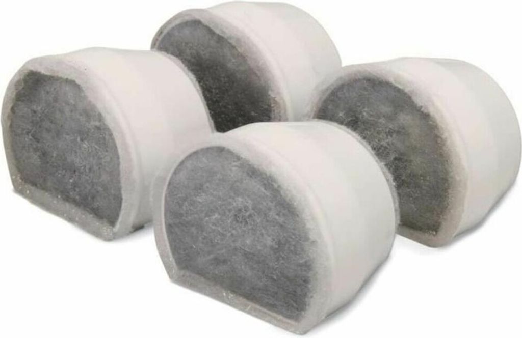 Four charcoal water filters are arranged in a group on a white background.