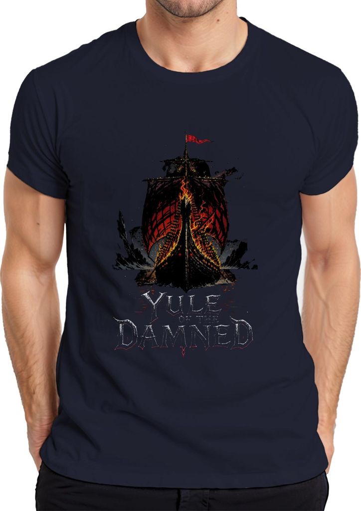 Yule of the Damned Wikinger Langschiff brennend Flammen Gothic Herren T-Shirt, Navy, 3XL