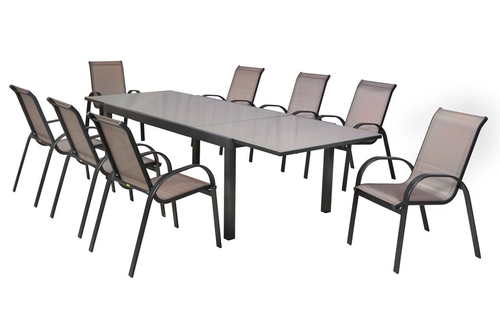 Merxx Gartenmöbelset Amalfi diamantbraun 9tlg., 8 Stapelsessel, 1 Ausziehtisch 200 (300) x 110 cm - Aluminium/Textil