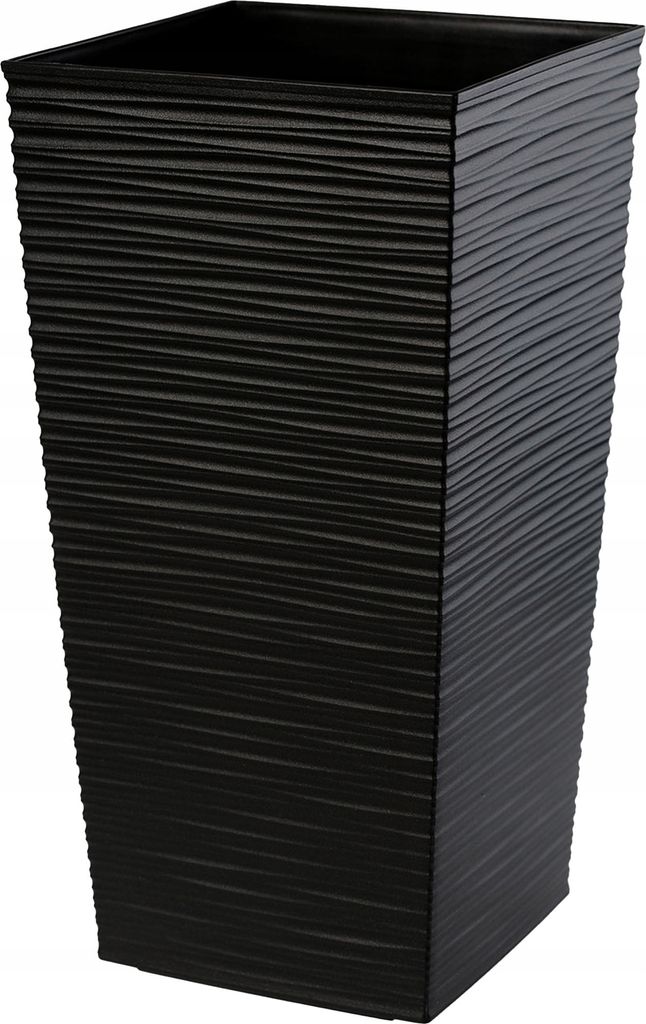 A tall, square, black planter with a textured surface.