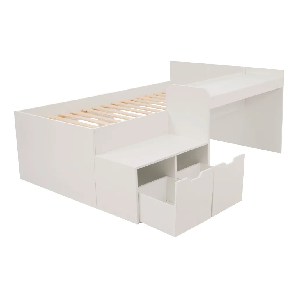 Lit combiné enfant 90x200 bois massif blanc avec bureau et rangements
