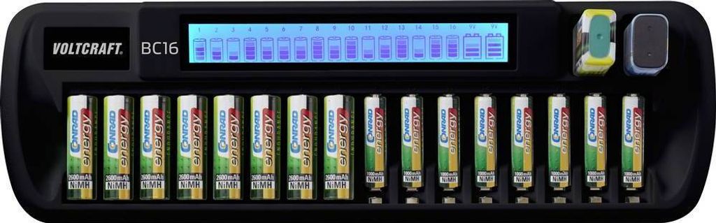 A battery charger with multiple battery slots and a digital display.