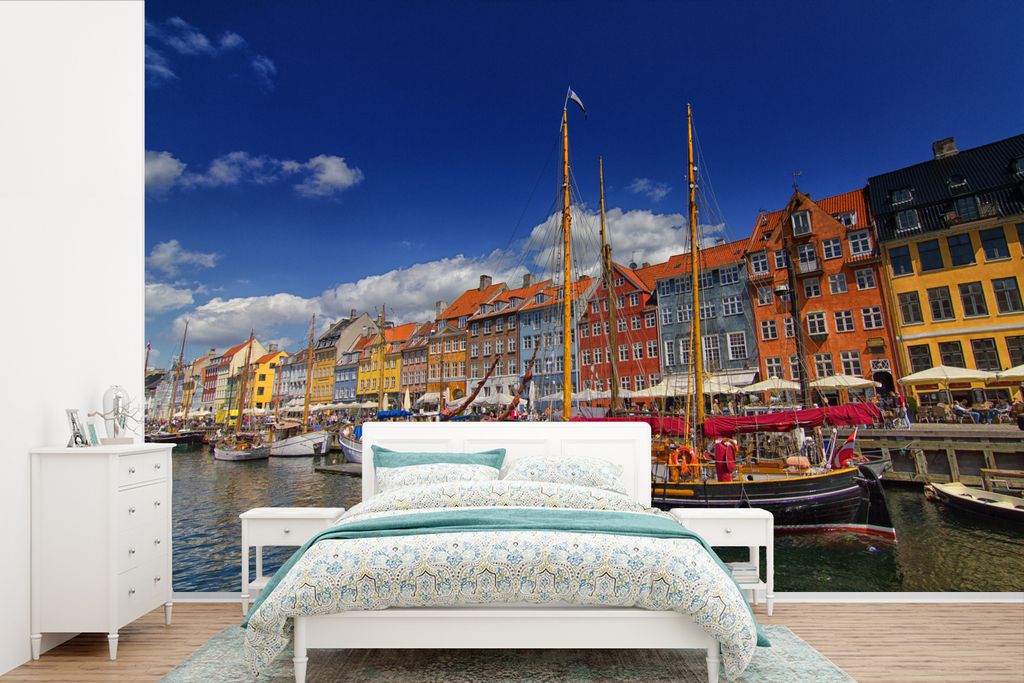 MuchoWow Fototapete für Wohnzimmer oder Schlafzimmer Wandtapete Vinyl Motivtapete Bunte Häuser unter klarem Himmel in Nyhavn - 600x400 cm - Vin...