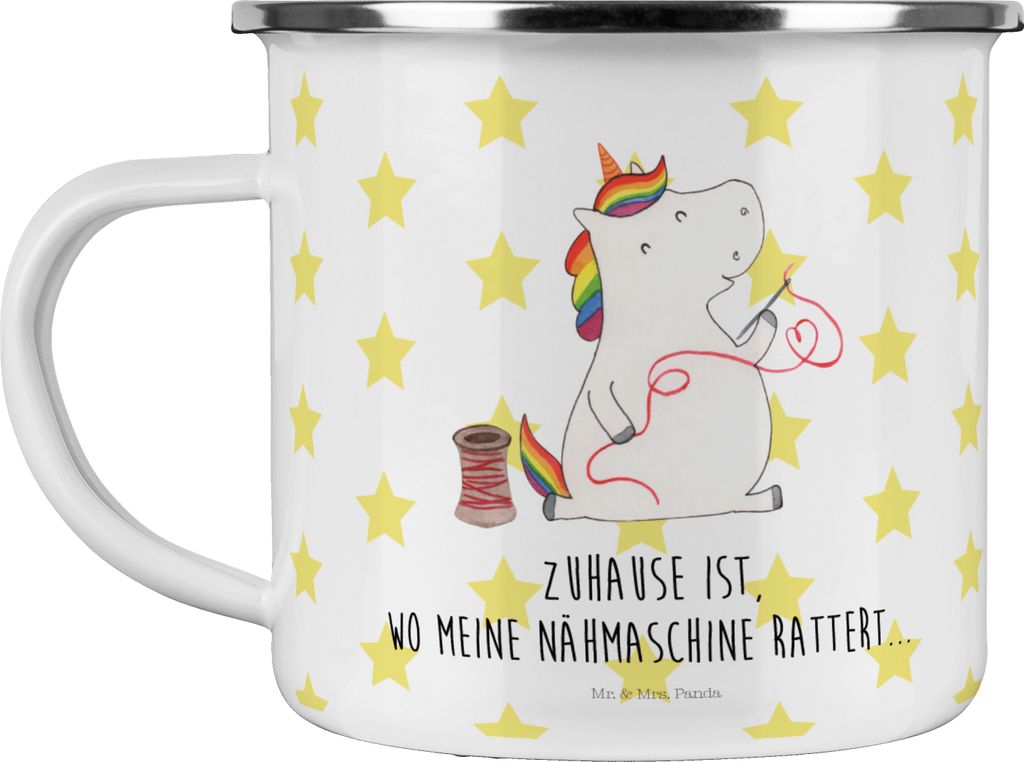 Mr. & Mrs. Panda Haferl Einhorn Näherin - Weiß - Geschenk, Emaille Tasse, Teetasse, Teebecher, Häkeln, Nähen, Campingbecher, Stricken, Unicorn,...
