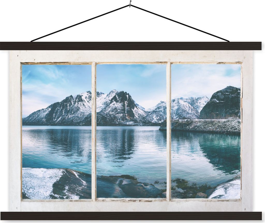 MuchoWow Textilposter Aussicht - Berge - Winter 90x60 cm mit schwarzem Rahmen - Aufhängungssatz