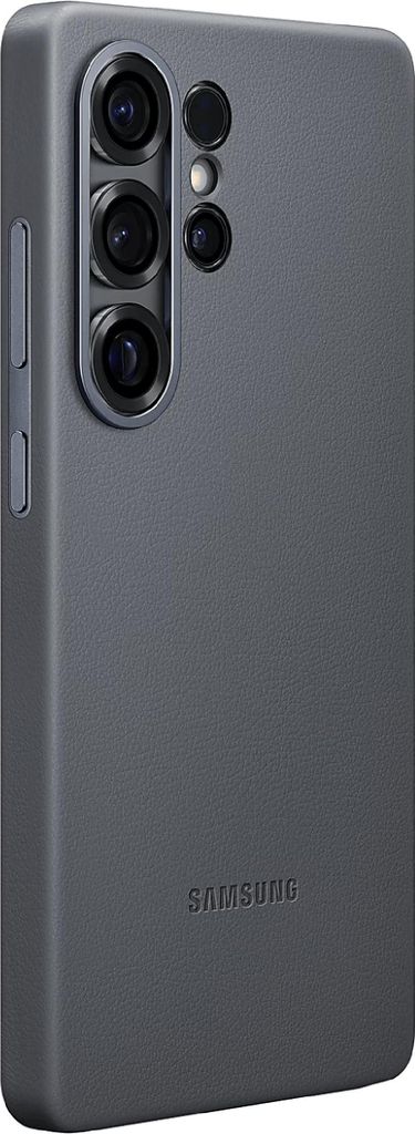 A close-up, angled view of the back of a dark gray smartphone case.