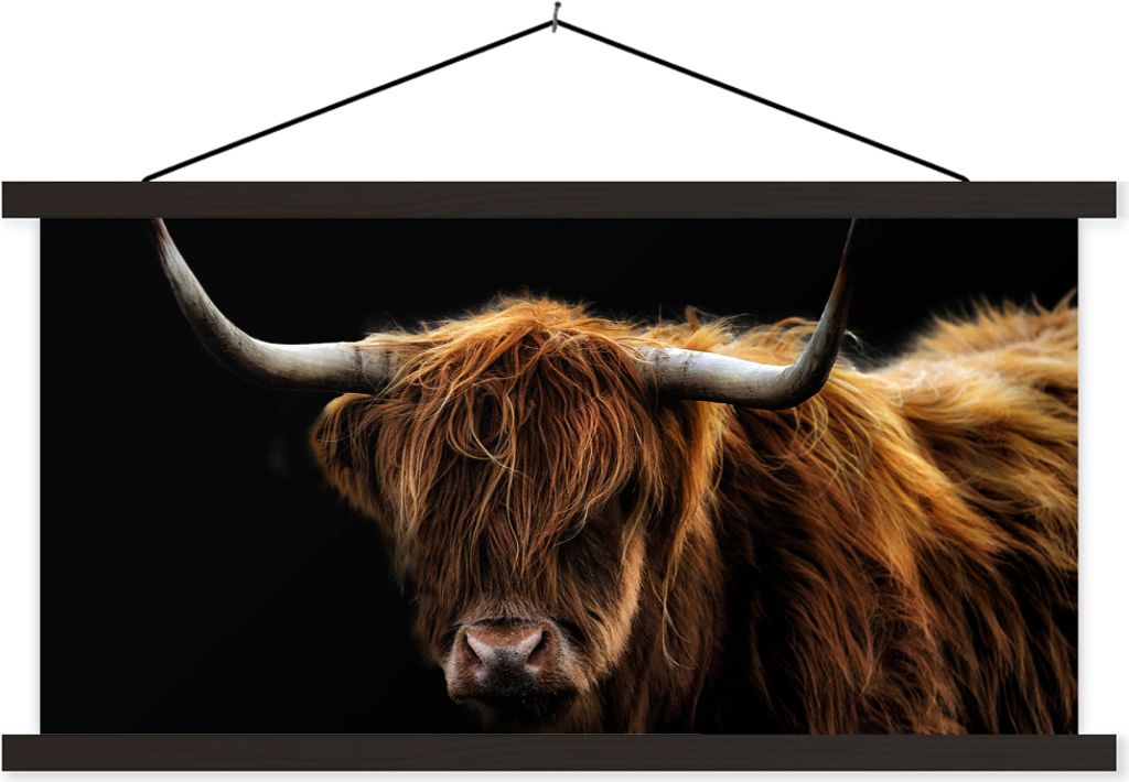 MuchoWow Textilposter Schottisches Hochlandrind - Hörner - Schwarz - Tiere - Natur - Wild - Kuh 60x30 cm mit schwarzem Rahmen - Textilien