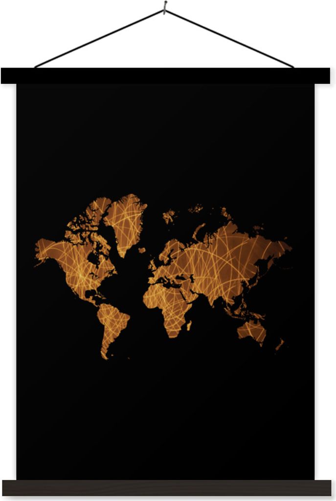 MuchoWow Textilposter Weltkarte - Gold - Linien 40x53 cm mit schwarzem Rahmen - Abbildung