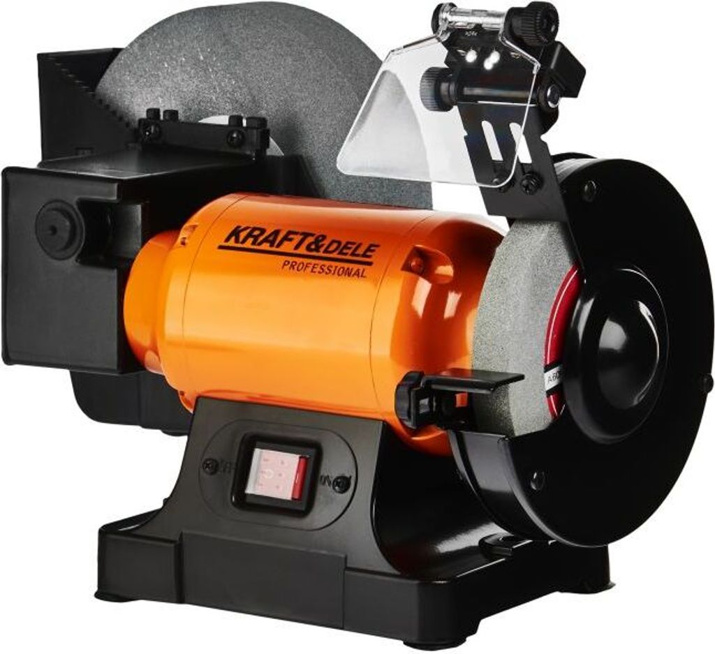 A bench grinder with two grinding wheels.