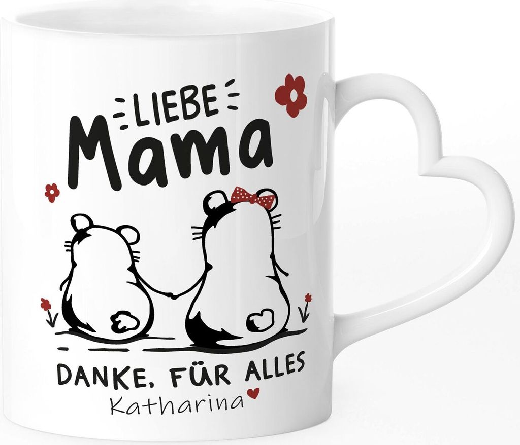 personalisierte Tasse Herzhenkel Liebe Mama Danke für alles Bärchen Wunschnamen Geschenk Muttertag SpecialMe mit Namen weiß Herz-Tasse