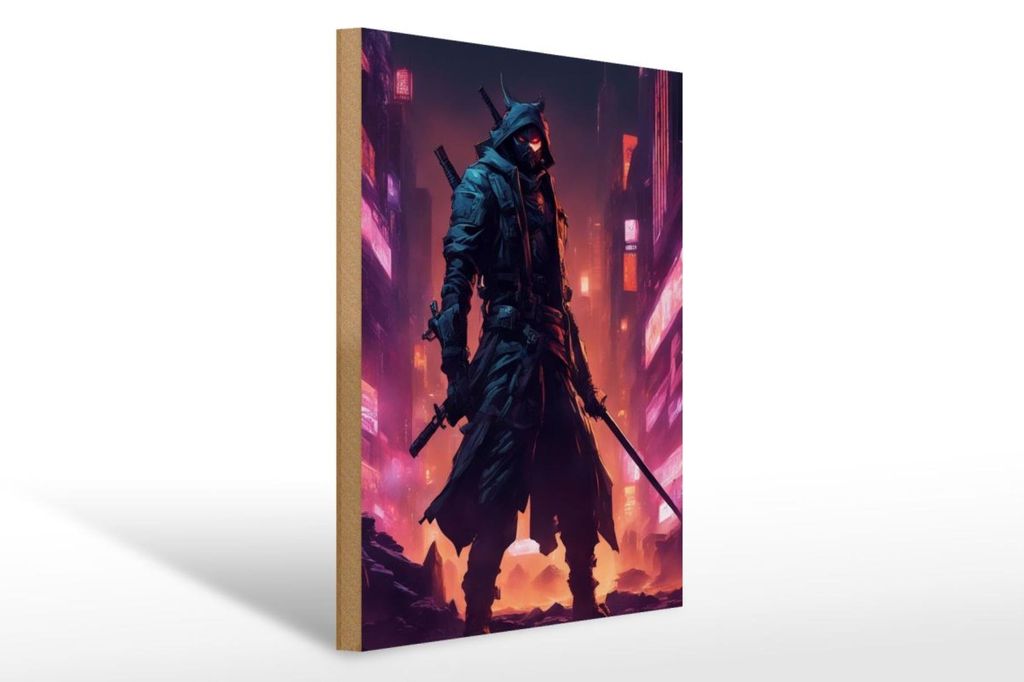 Holzschild 12x18cm Zukunfts Samurai von Synthopolis-City