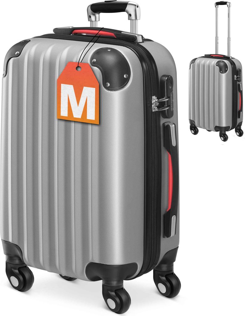 A silver suitcase with an orange luggage tag is shown against a white background. A smaller, similar suitcase is visible in the background.