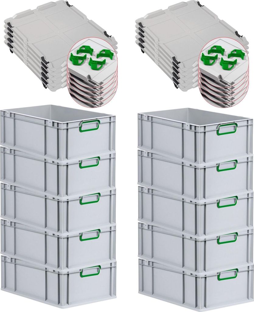 SparSet 10x Eurobox NextGen Color mit Auflagedeckel und Schiebeschnappverschlüsse | HxBxT 22x40x60cm | 44 Liter | Griffe grün geschlossen | Verst...