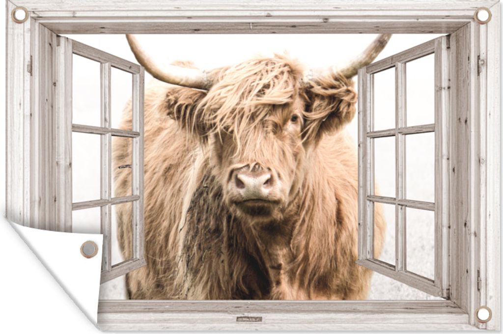 MuchoWow 120x80 cm Outdoor-Poster Gartendeko Sichtschutz Garten Poster für den Garten Schottischer Highlander - Fenster - Nebel - Ausblick