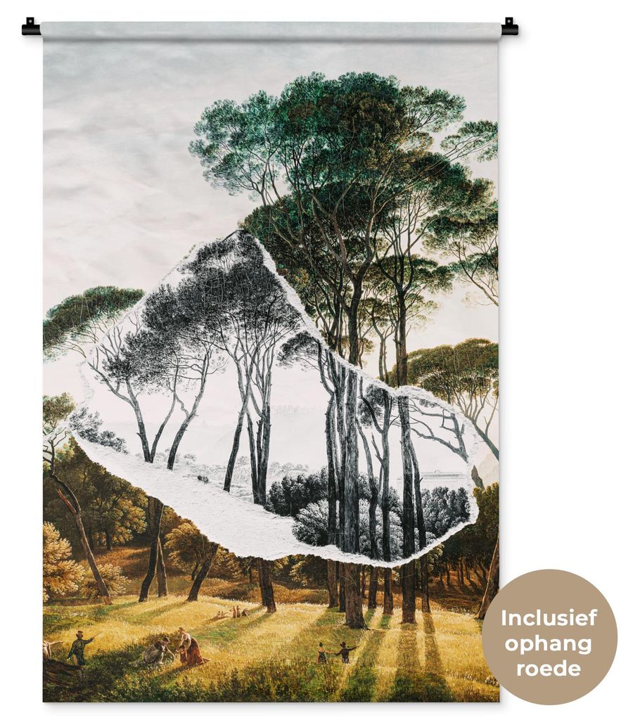 MuchoWow Wandteppich Wandbehang Italienische Landschaft Schirmkiefern - Kunst - Hendrik Voogd - Malerei - Schwarz-Weiß - Alte Meister 90x135 cm ...