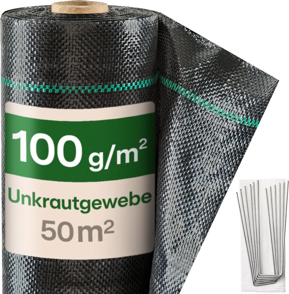 Praknu 50m² Anti Unkrautgewebe 100g/m² mit 24 Erdanker - Wasserdurchlässig & Extra Reißfest - Leicht zu Verlegen - UV Beständige Bändchengewe...