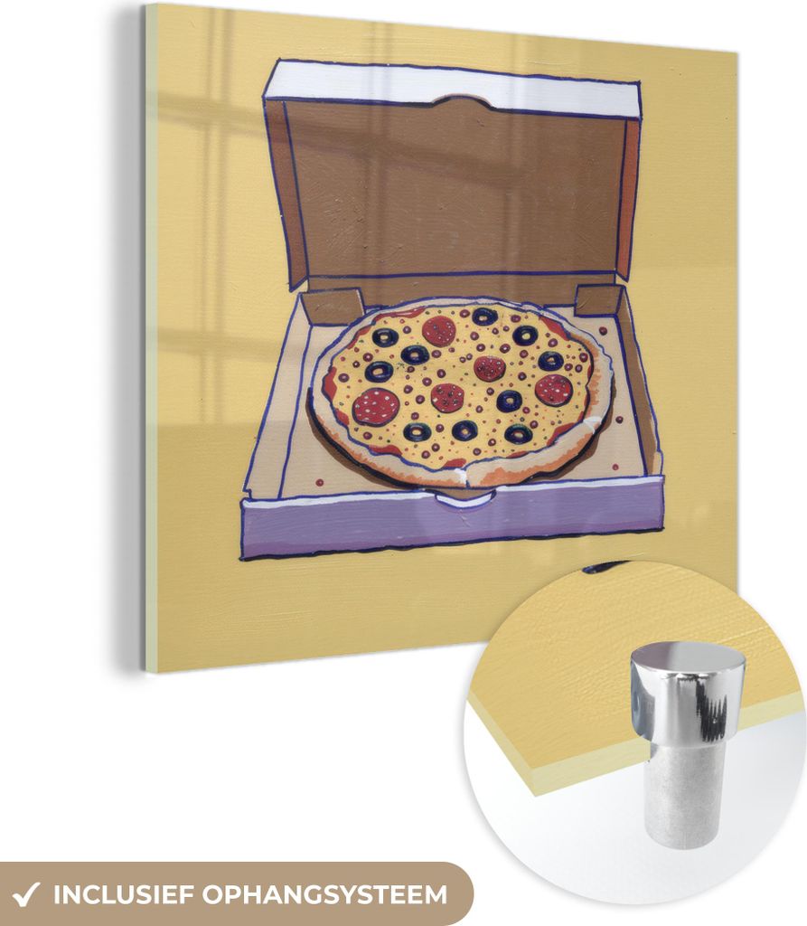 MuchoWow Glasbilder - Bilder auf Wandbild - Foto auf Glas Pizza - Schachtel - Salami - Illustration 40x40 cm Wanddekoration aus Glas - Acrylglasbil...