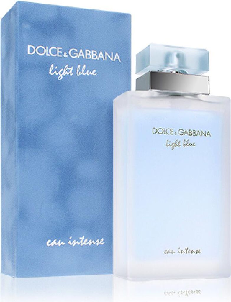 A bottle of Dolce & Gabbana Light Blue Intense Eau de Parfum and its packaging are displayed against a white background.