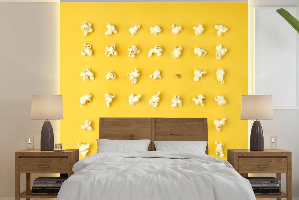 MuchoWow Fototapete für Wohnzimmer oder Schlafzimmer Wandtapete Vinyl Motivtapete Popcorn auf gelbem Hintergrund - 220x220 cm - Tapeten