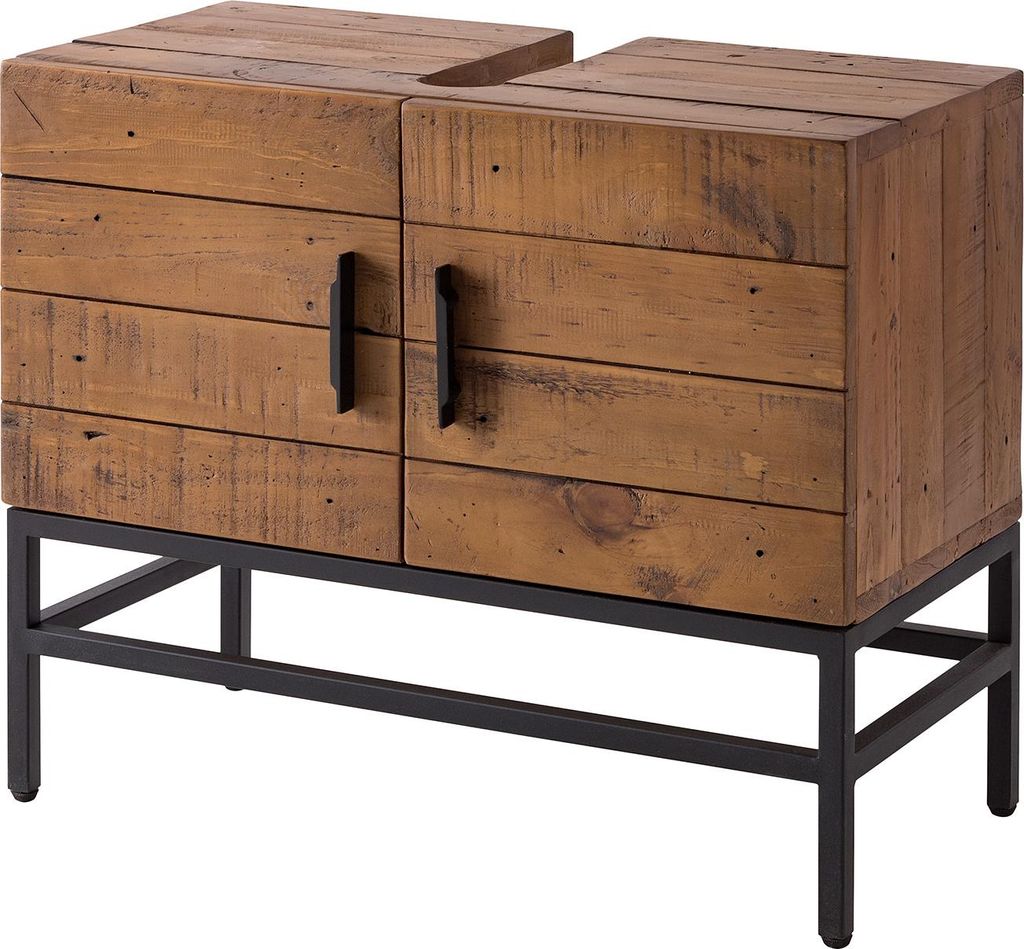 home24 Waschbeckenunterschrank - Pinie Massiv / Metall - Pinie Dunkel/ Schwarz