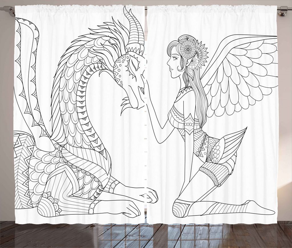 ABAKUHAUS Fantasie Rustikaler Vorhang, Fairy Frau und Drachen, Wohnzimmer Universalband Gardinen mit Schlaufen und Haken, 280 x 245 cm, Weiß Schwarz