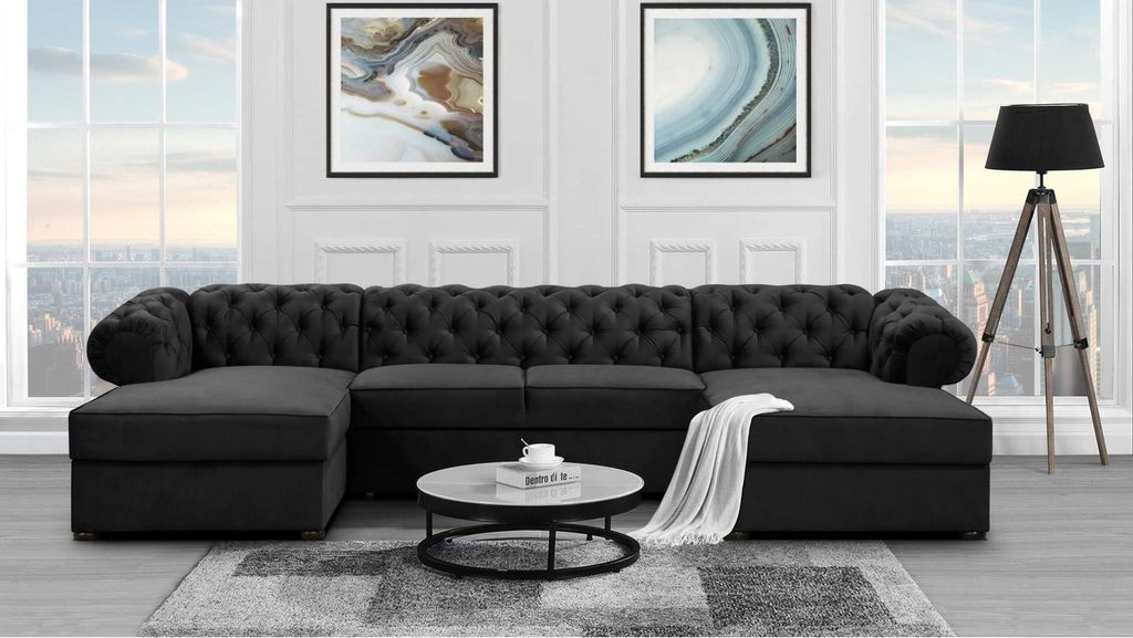 CHESTER U – U-Form Ecksofa im Chesterfield Stil, Stoff Kronos 07 Schwarz, mit Schlaffunktion & Bettkasten, Materialknöpfe