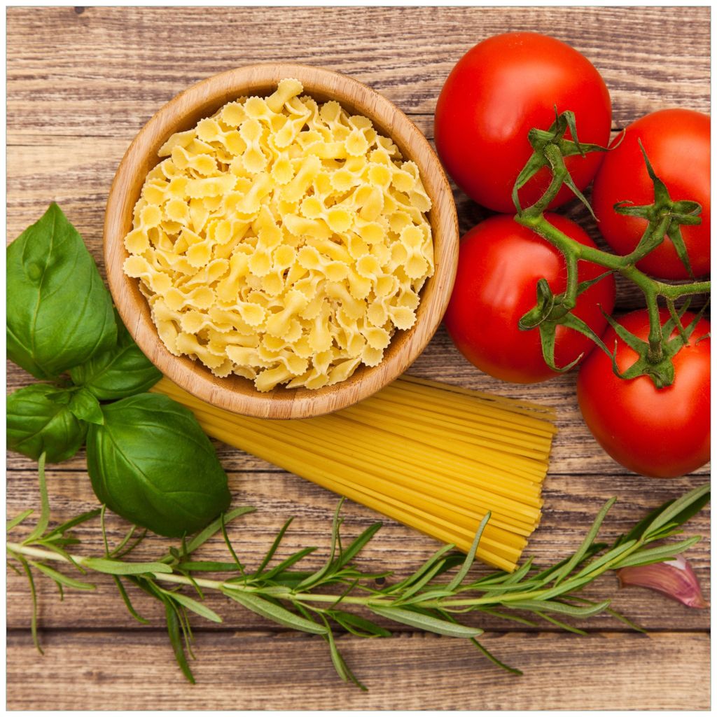 Wallario Magnet für Kühlschrank / Geschirrspüler, magnetisch haftende Folie - 60 x 60 cm, Motiv: Spaghetti mit Tomaten, Knoblauch und Basilikum