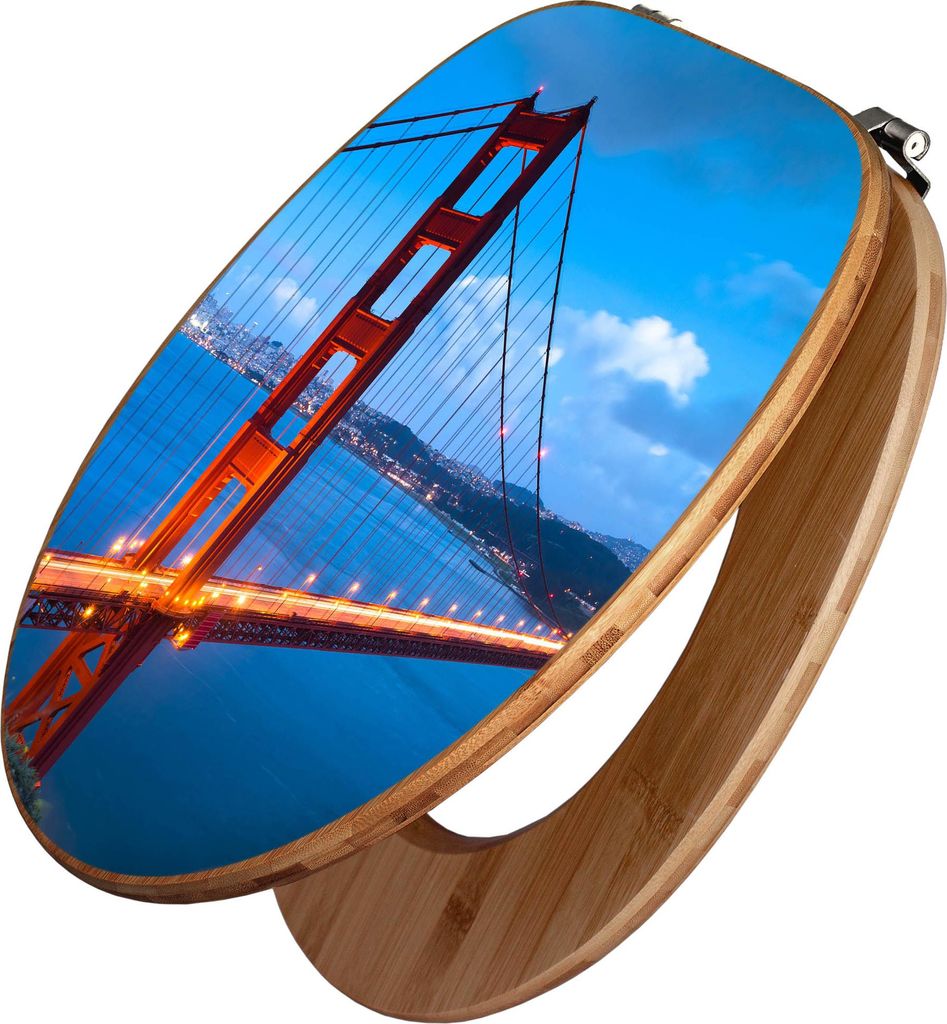 banjado Design WC Sitz Bambus 44x38x5cm - Golden Gate Bridge - Toilettendeckel/Toilettensitz Bambus - hochwertiger Bambus Klodeckel/WC-Sitz mit Uni...
