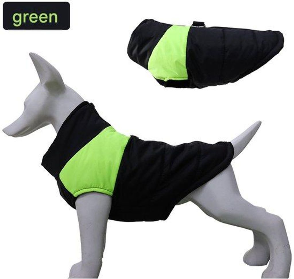 Wasserfester Hundefußbodenjäger mit Grün-Weiß-Kleurblocken, Größe L, für Hunde von 3,6-5 kg.