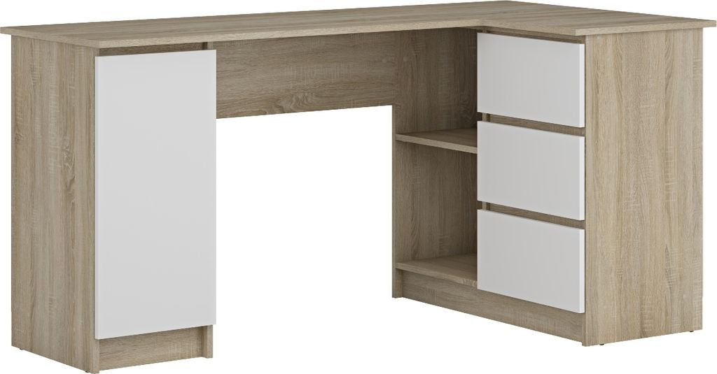A corner computer desk with a wood-grain finish and white drawer fronts and cabinet door.