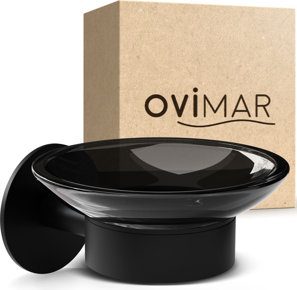 ovimar Seifenschale Nederlandsoya | mit Halter für die Wandmontage | Edelstahl | schwarz | ohne Bohren | herausnehmbares Glas für das Bad oder au...