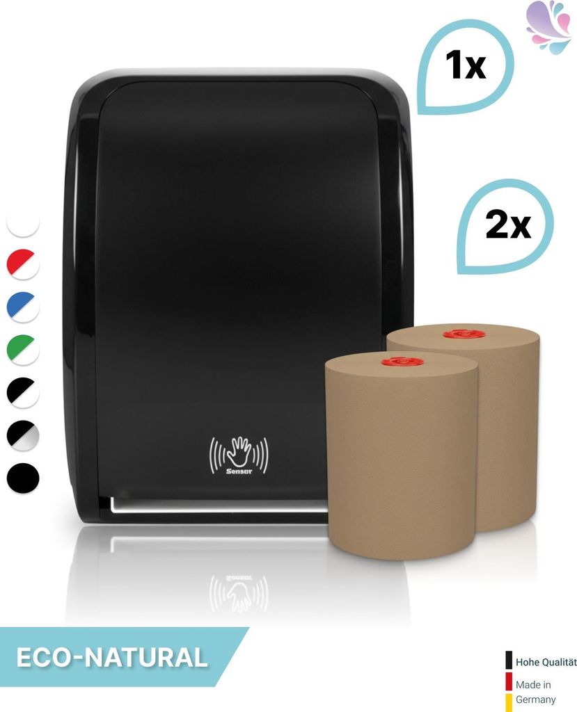 SET: Handtuchrollenspender SENSOR, berührungslos, Blanc Cosmos verschied. Farben + 2 Handtuchrollen ECO-Natural - PRODUKTSET : Farbe - Schwarz Far...