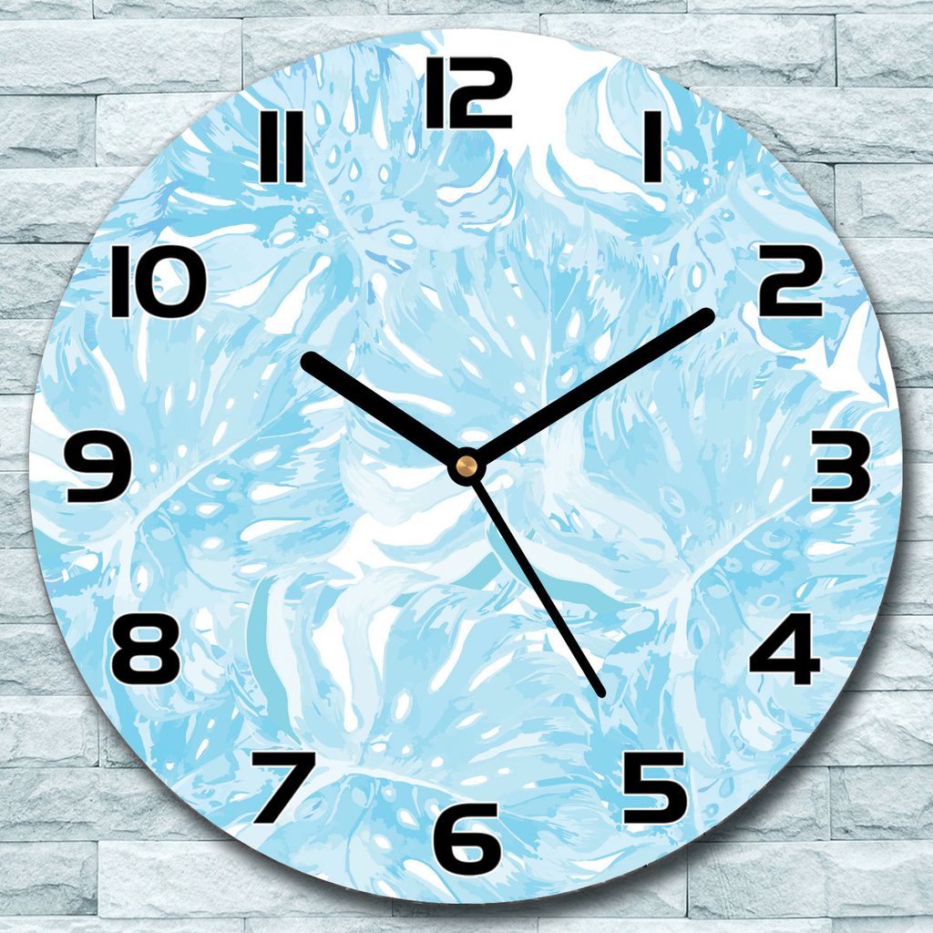 Wanduhr aus Glas Rund fi 30 Blaue Fensterblätter Quarz Deko Produktbild 