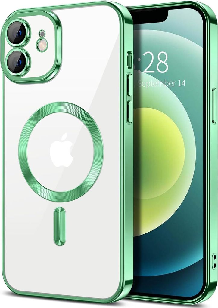 Magnetische Klar Hülle für iPhone 12, Kompatibel mit MagSafe, Elektroplattiert Handyhülle mit Kameraschutz hellgrün