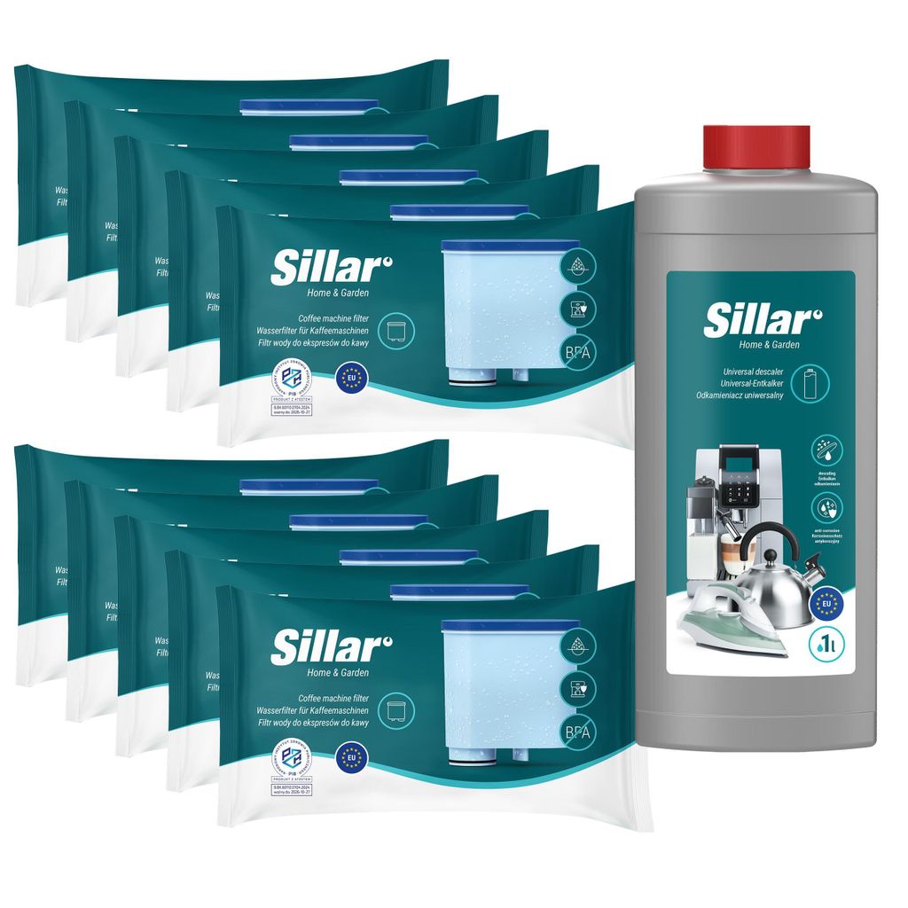 Sillar Wartungsset für Philips Saeco AquaClean – 10x Wasserfilter CA6903 + 1L Entkalker