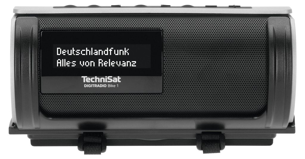 A front view of a black TechniSat DIGITRADIO Bike 1 DAB+/UKW radio for bicycles.