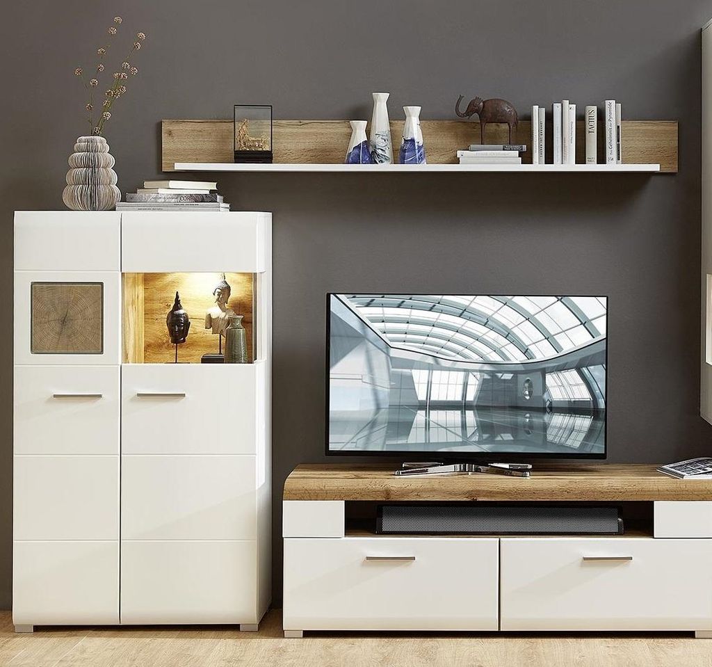 Wohnwand >Kathlin< (3-teilig) in Weiß matt / Eiche Nachbildung - 220x160x47 (BxHxT)