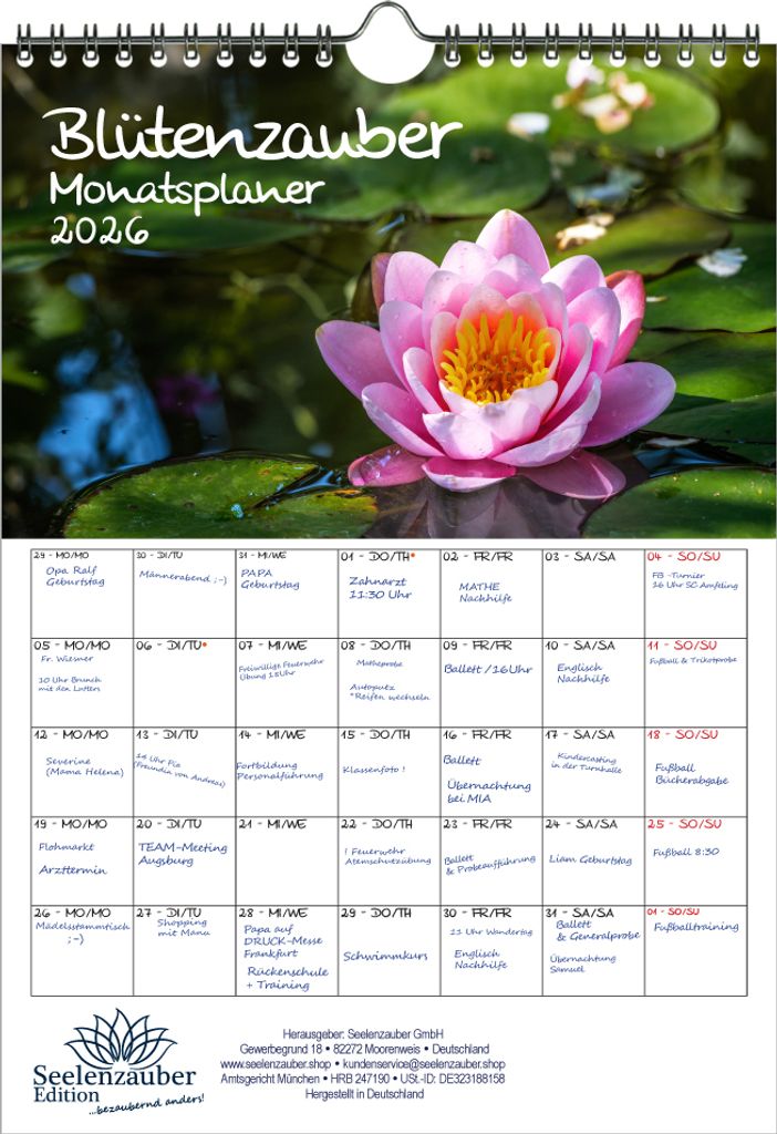 Blütenzauber Planer DIN A4 Kalender für 2026 Blumen und Blüten - Seelenzauber