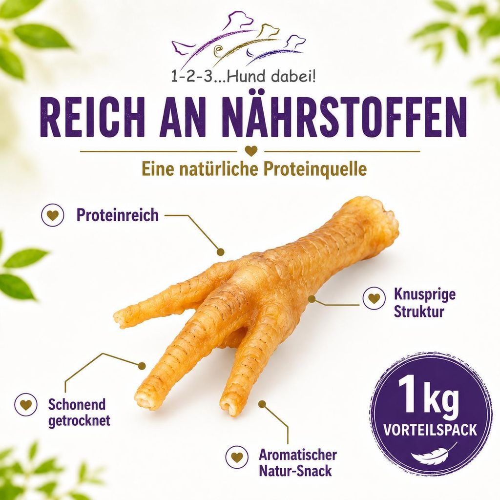 123... Hund dabei! - Getrocknete Hühnerfüße für Hunde – Natürlicher Kausnack zur Zahnpflege, ohne Zusatzstoffe, proteinreich & gut verdaulic...