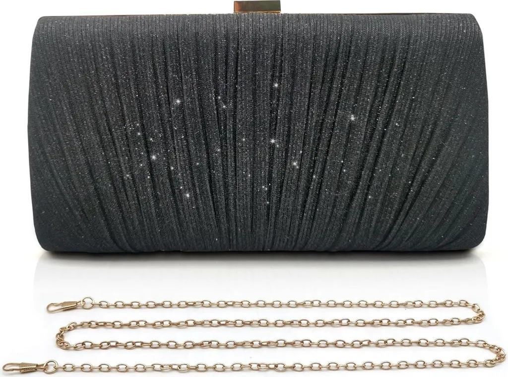 Sac de Soirée Élégant en Satin Noir Scintillant avec Chaîne Amovible