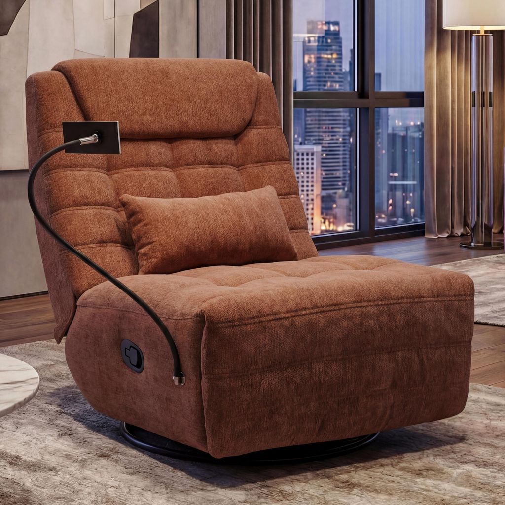 Relaxsessel HWC-P92, TV-Sessel Fernsehsessel, drehbar Kippfunktion Handyhalterung, Stoff Chenille (260g/m²) terrakotta
