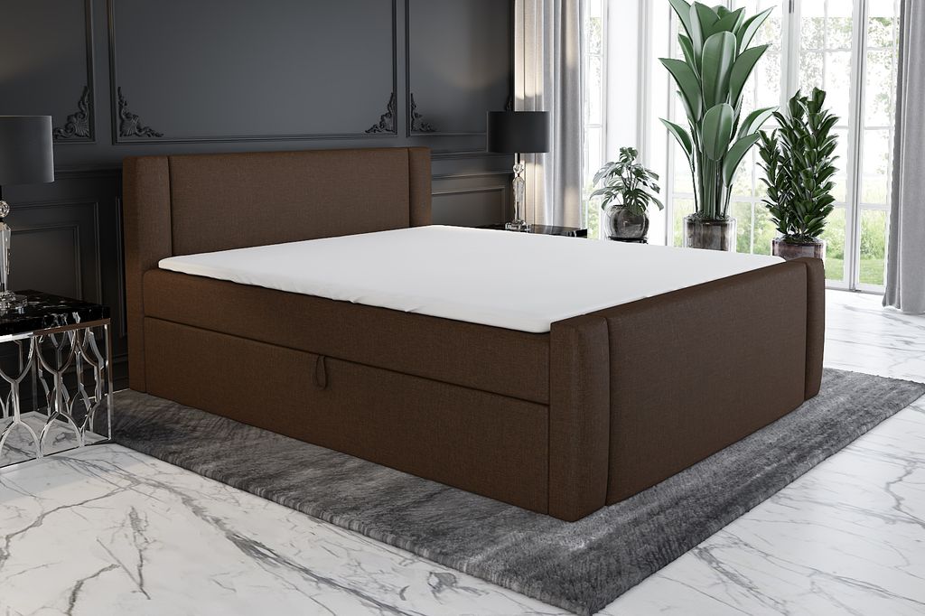 Boxspringbett SKULI 160 x 200 mit 2 Bettkästen, Bonell-Matratze und Topper. Farbe: Braun