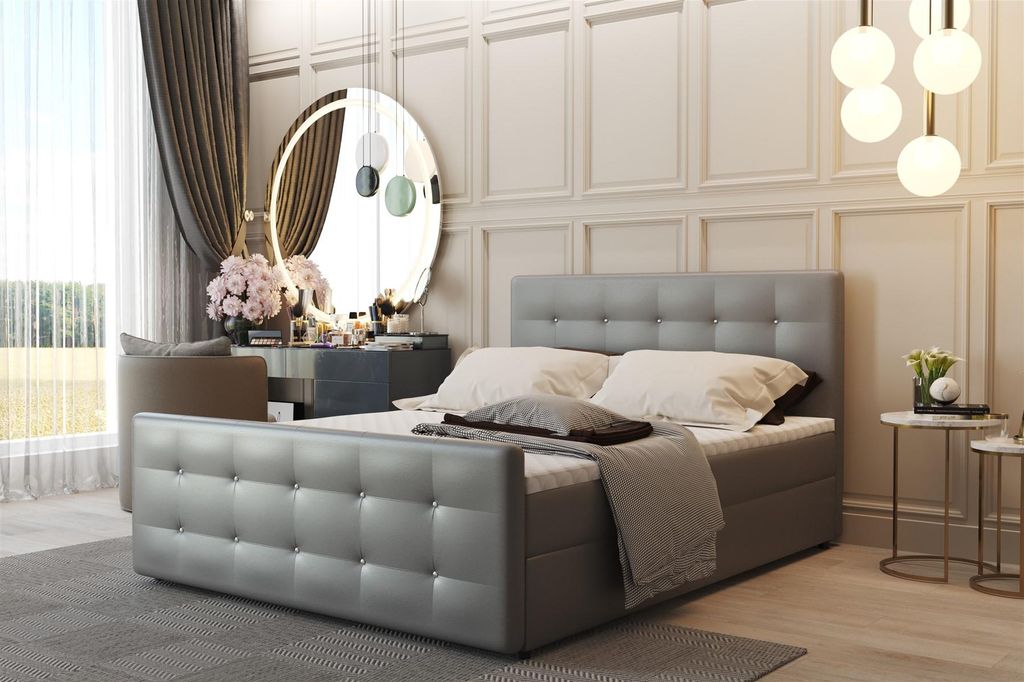Boxspringbett Schlafzimmerbett CARLOS 180x200cm Kunstleder Madryt Hellgrau inkl.Bettkasten