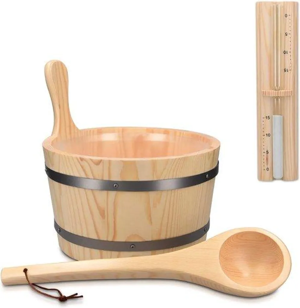 Équipement sauna : Seau bois 5L, louche et sablier pour vapeur et spa