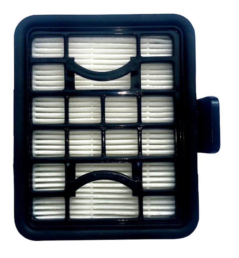 A black frame containing a pleated white filter.