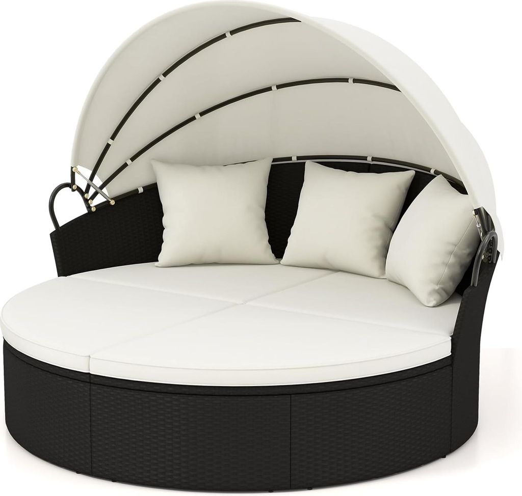 Rundes Tagesbett für die Terrasse mit ausziehbarem Baldachin, Sitzgruppe aus schwarzem Rattangeflecht mit Kissen, getrennten gepolsterten Sitzen